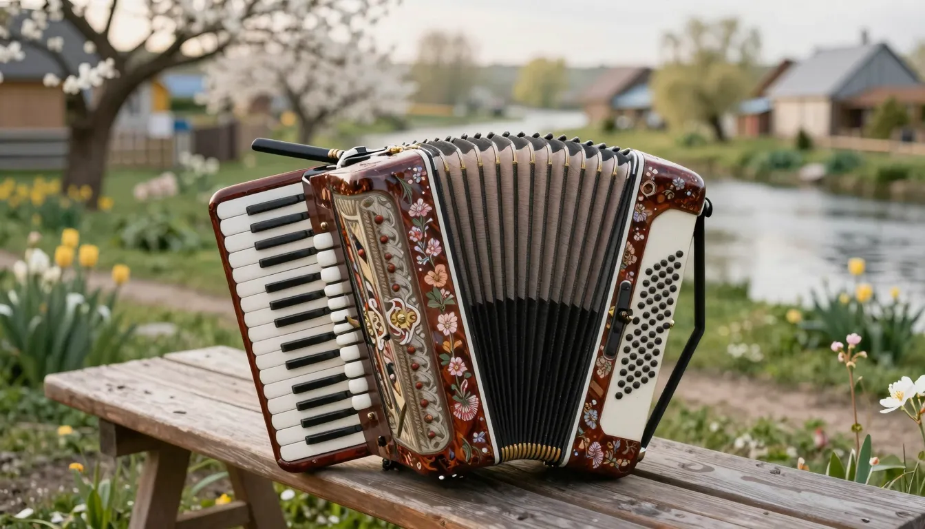 A traditional Russian accordion with floral patterns lying o...
