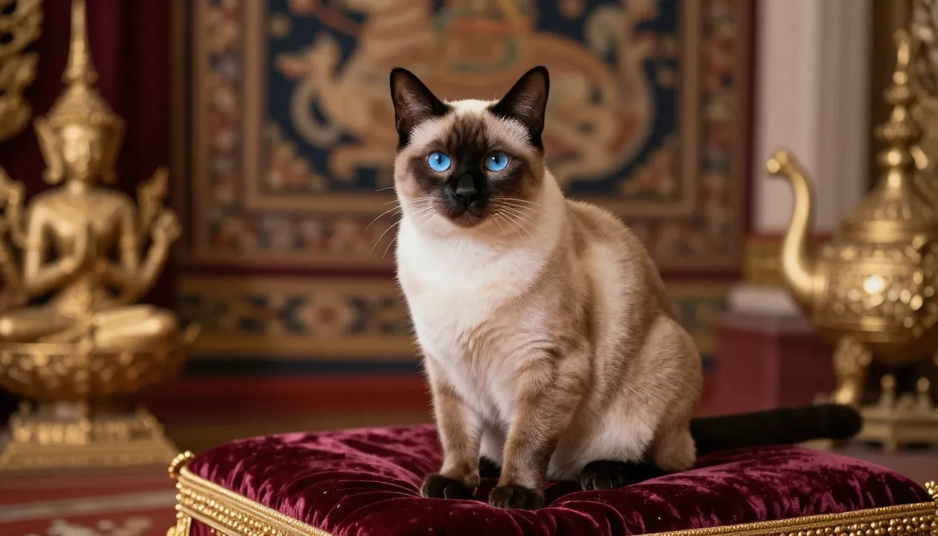 A regal Siamese cat with striking blue eyes, sitting elegant...