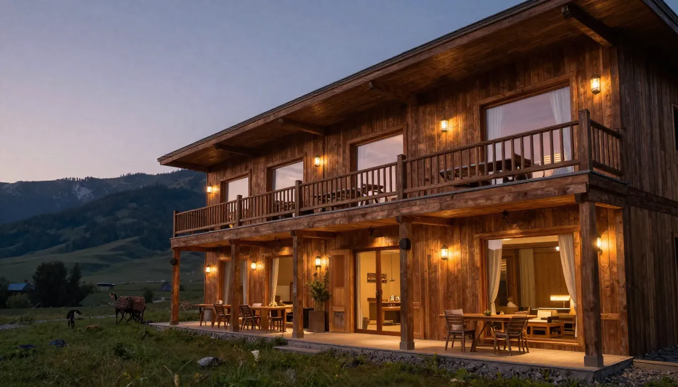 Luxury eco-hotel in the mountains of Altai, modern wooden ar...
