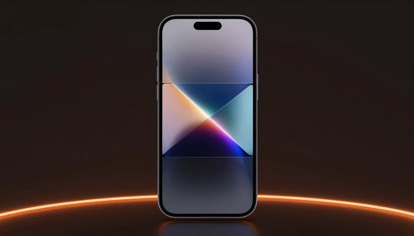 A single iPhone floating vertically in the center. The scree...