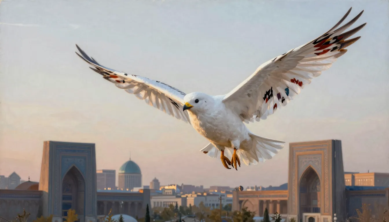 A symbolic painting of a white Humo bird soaring over a mode...