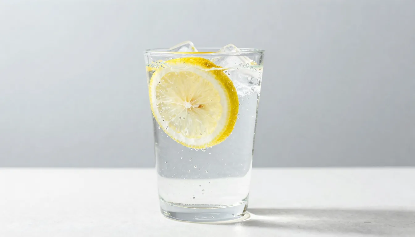 A transparent glass of pure water with a slice of lemon and ...