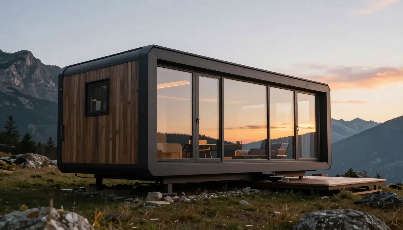 A modern modular capsule house with large panoramic windows ...