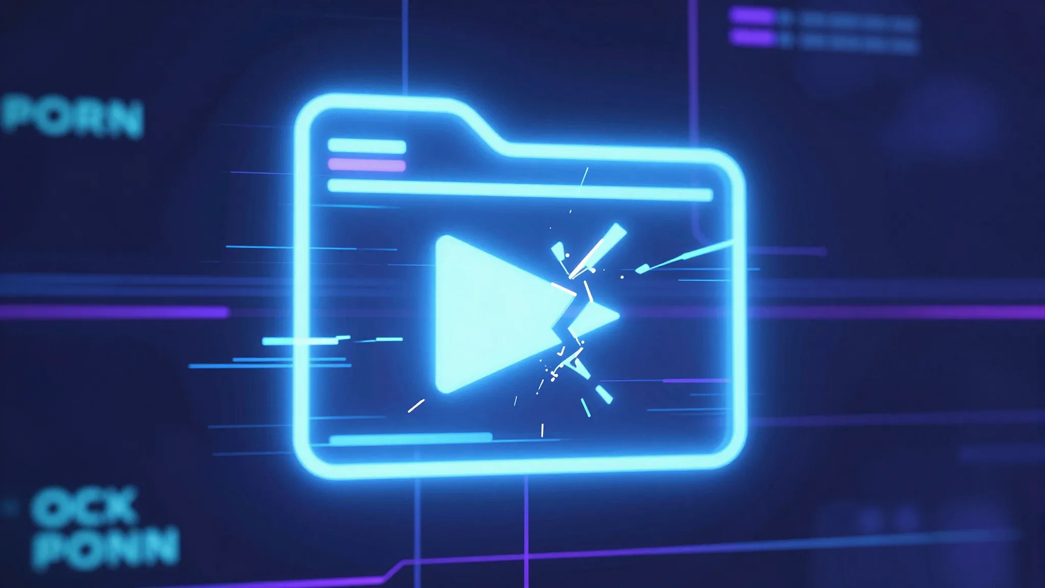 A digital illustration of a glowing broken video file icon o...