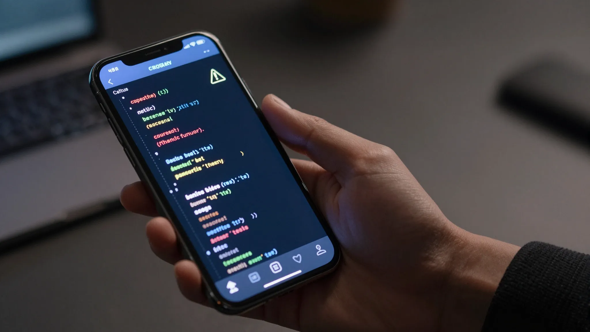 A hand holding a modern smartphone showing a digital interfa...