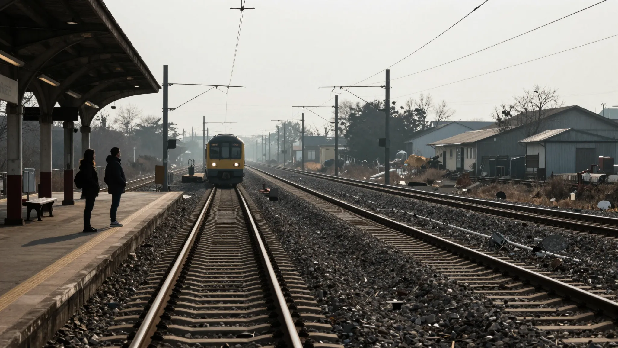 A wide shot of a lonely railway station. A woman stands on t...