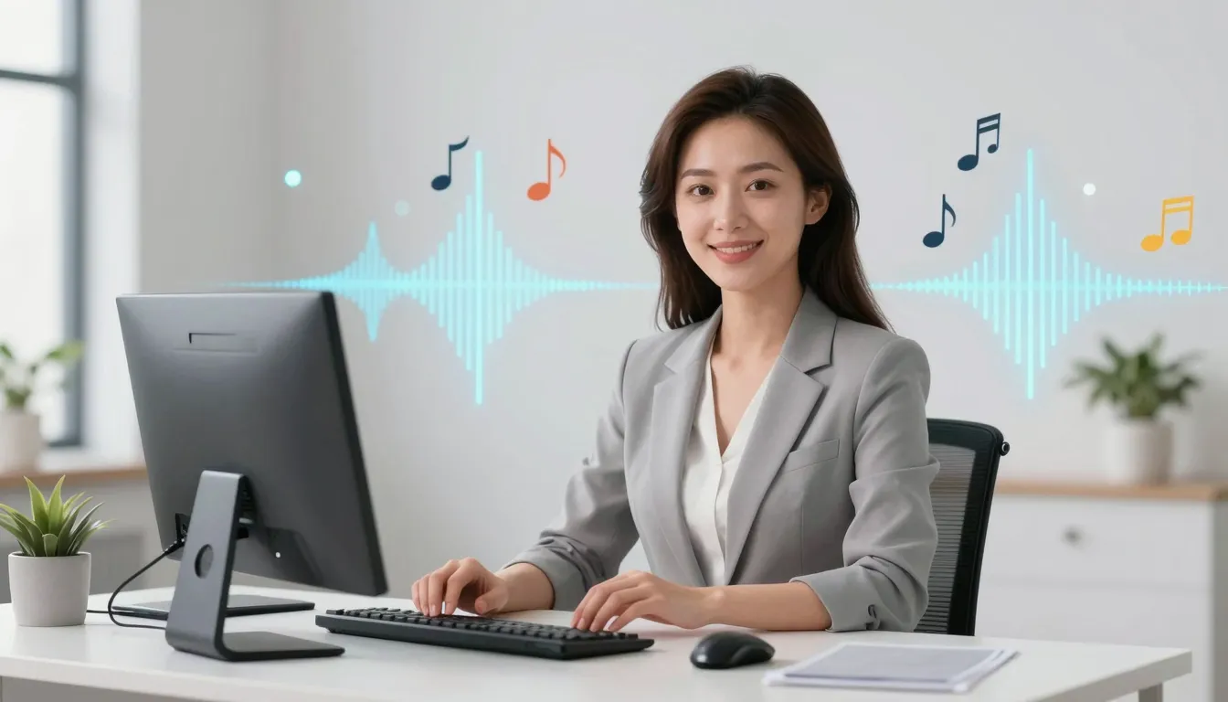 A friendly female AI assistant sitting at a modern desk with...