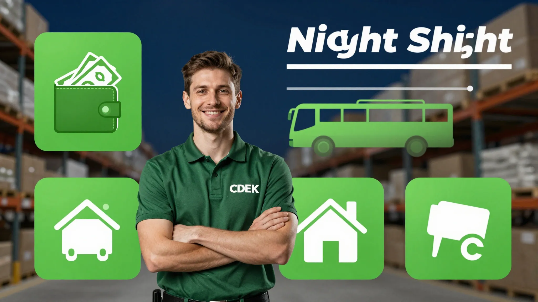 Professional recruitment infographic for CDEK warehouse. Nig...