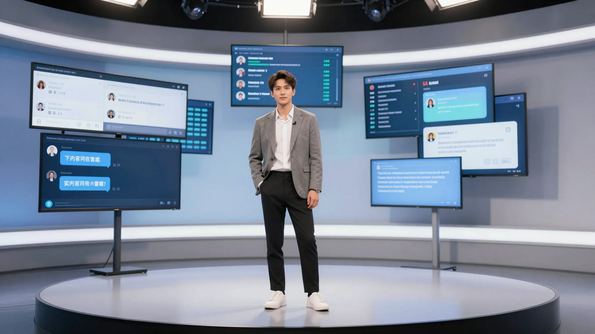 A stylish young man standing on a stage, surrounded by float...