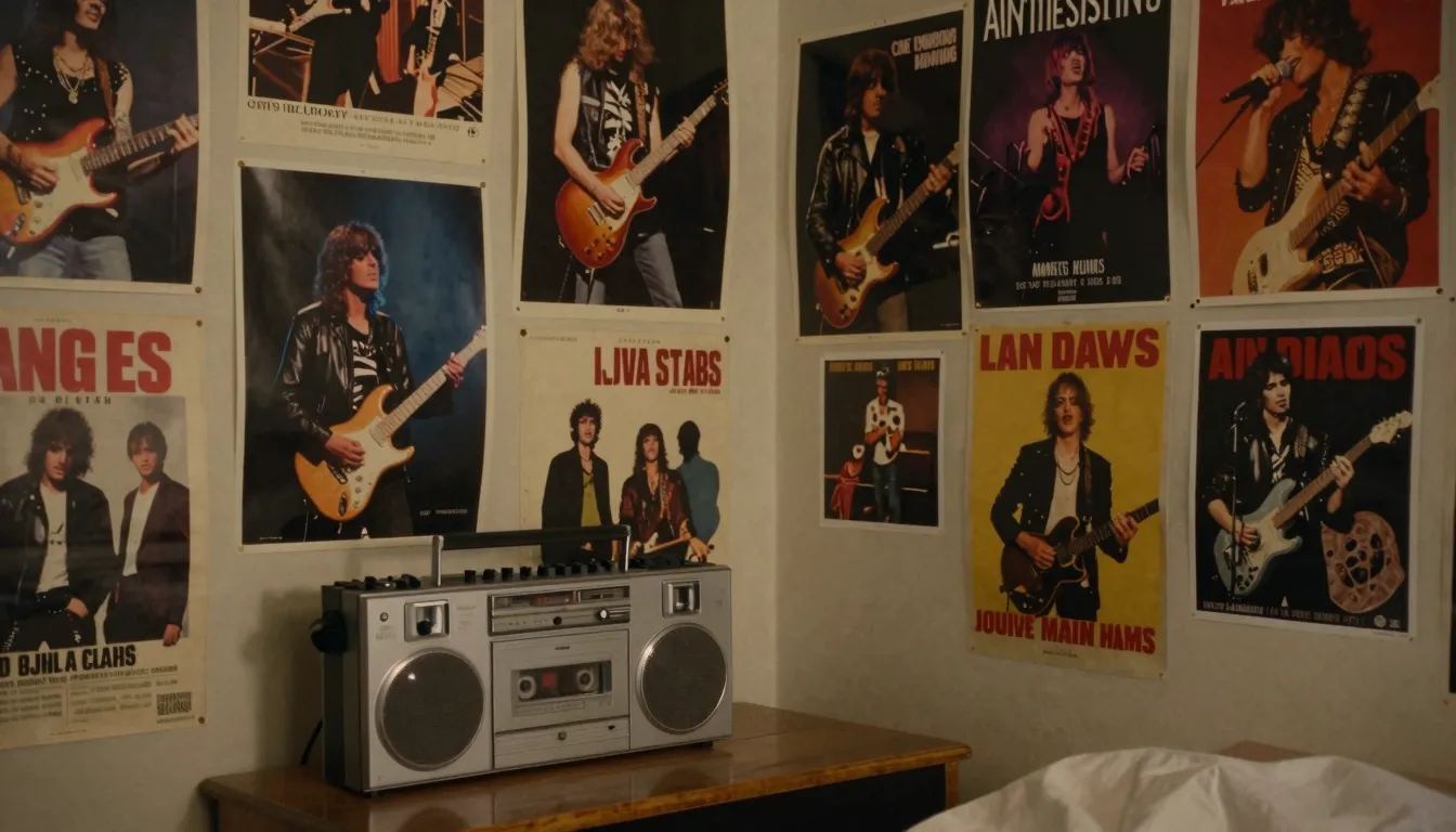 Vintage 90s bedroom interior, walls covered with posters of ...