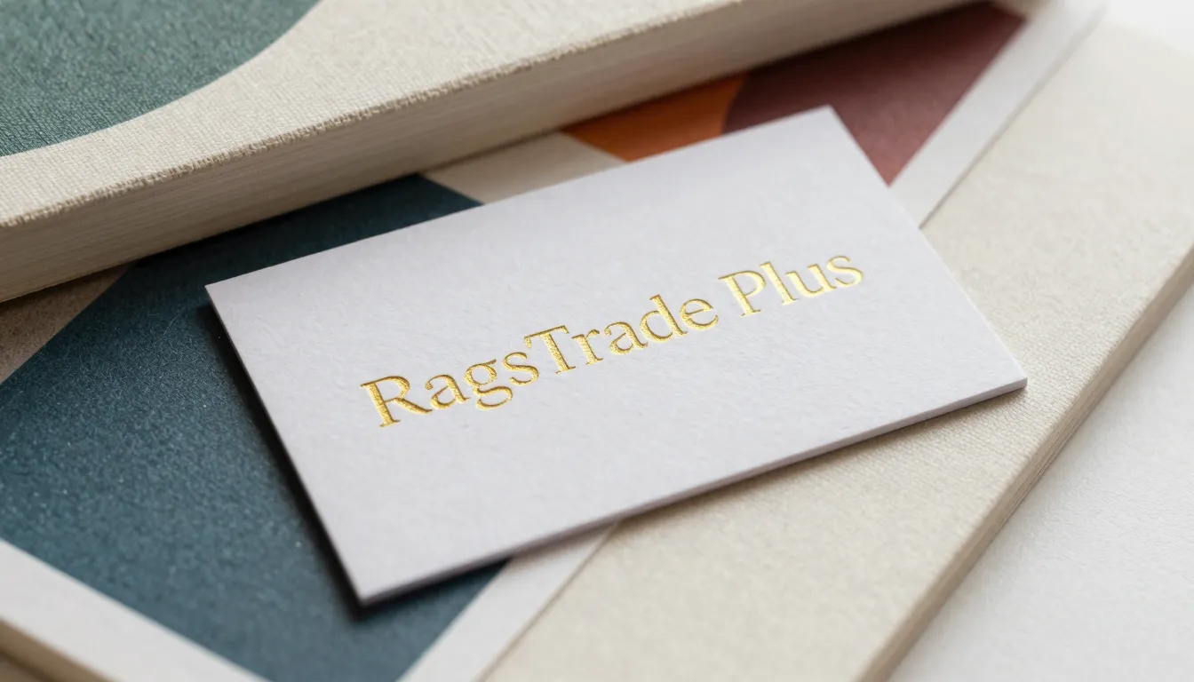 Close-up of a business card lying on a stack of printed fabr...