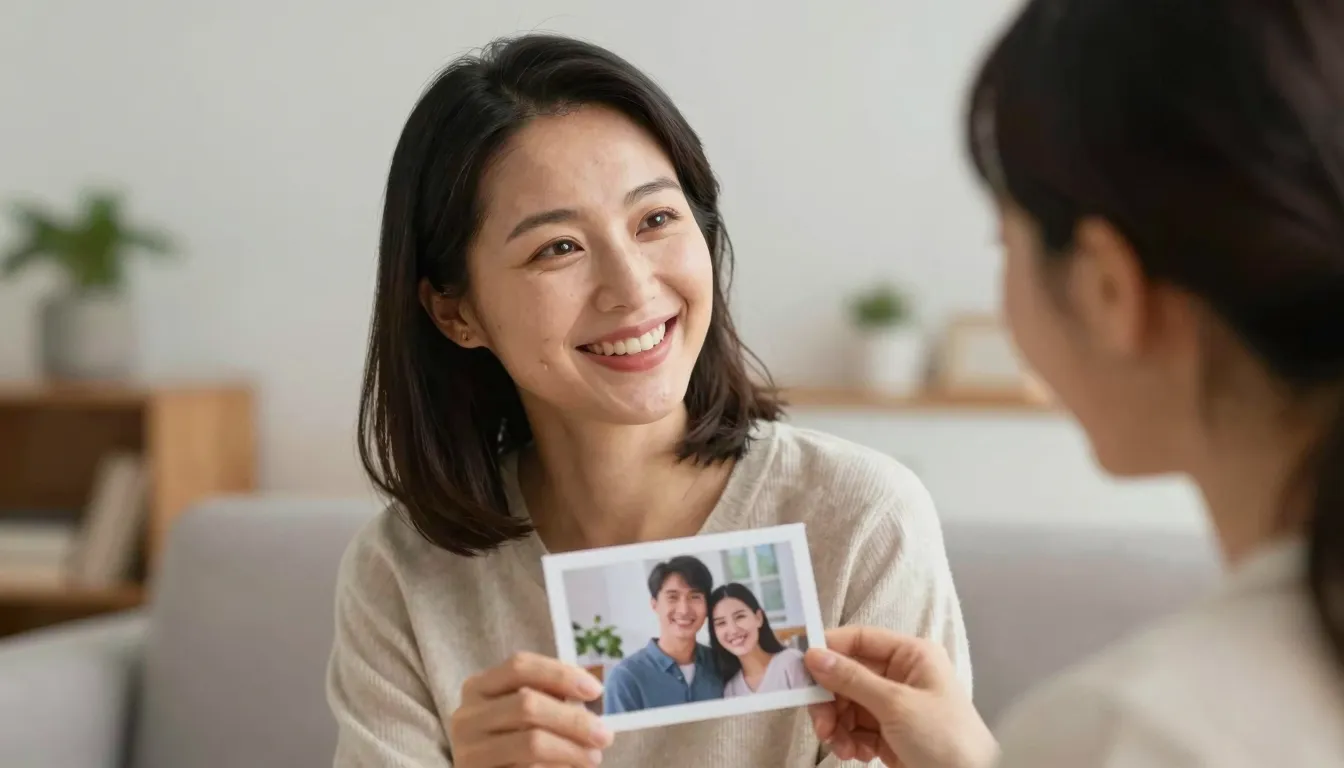 A proud mother smiling warmly, looking at a photo of a young...