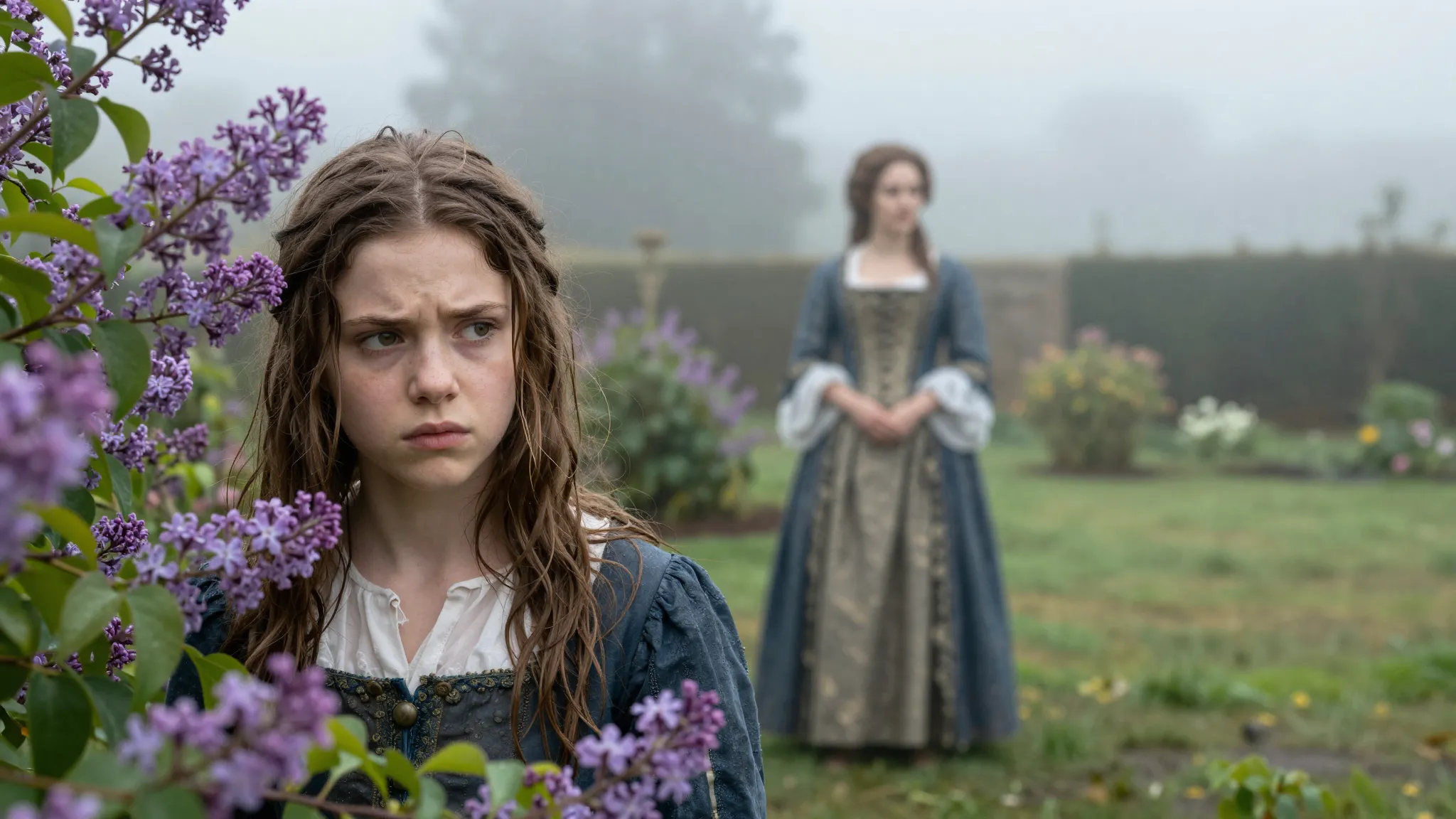 A young 17th-century French peasant girl with messy brown ha...