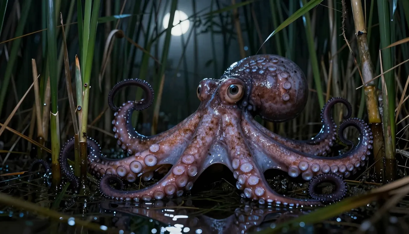Thick octopus tentacles emerging from dense swamp reeds and ...