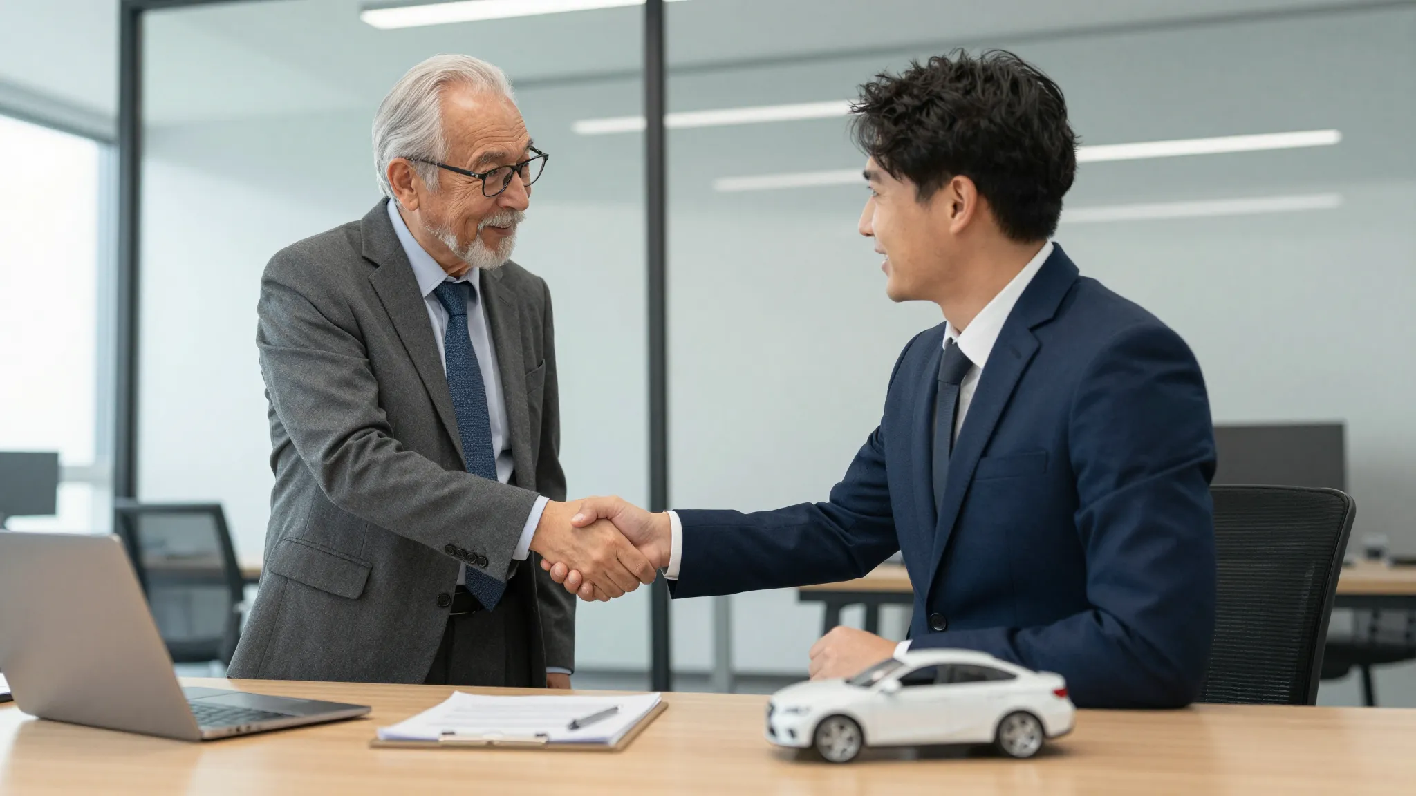 A professional handshake between an older inventor and a you...
