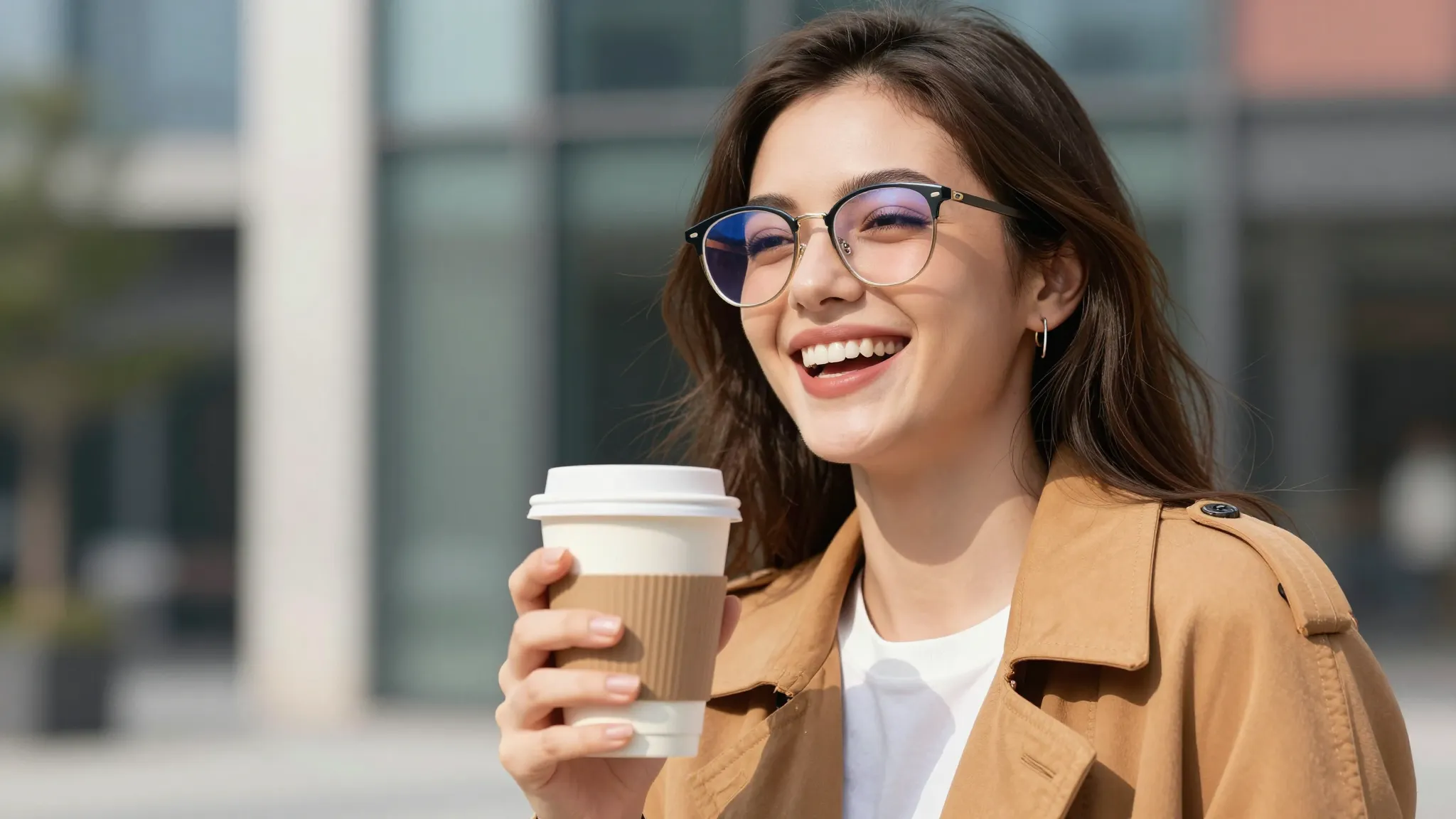 A stylish woman with trendy glasses laughing, holding a coff...