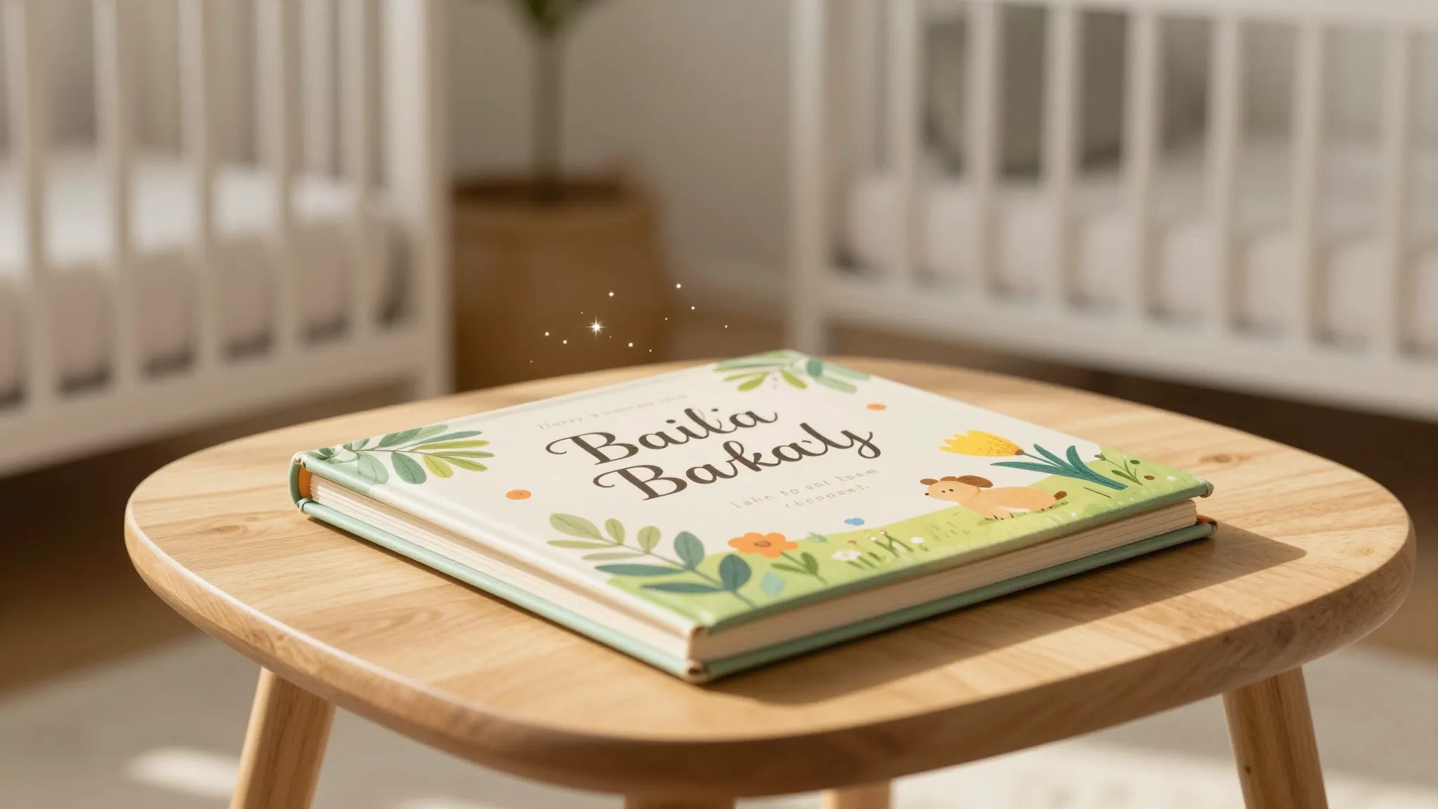 A cozy nursery room with a personalized book on a wooden tab...