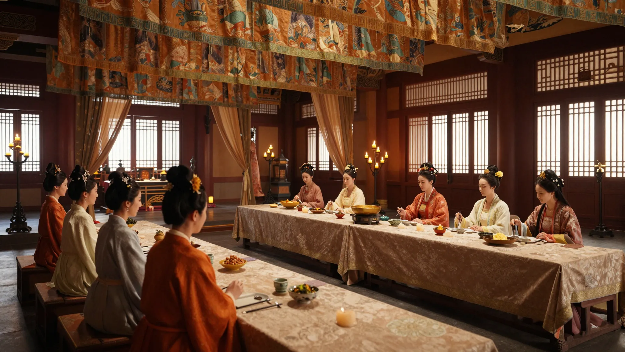 Interior of a magnificent medieval Chinese palace banquet ha...