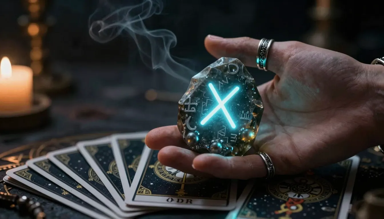 Close up of a hand with silver rings holding a glowing ancie...