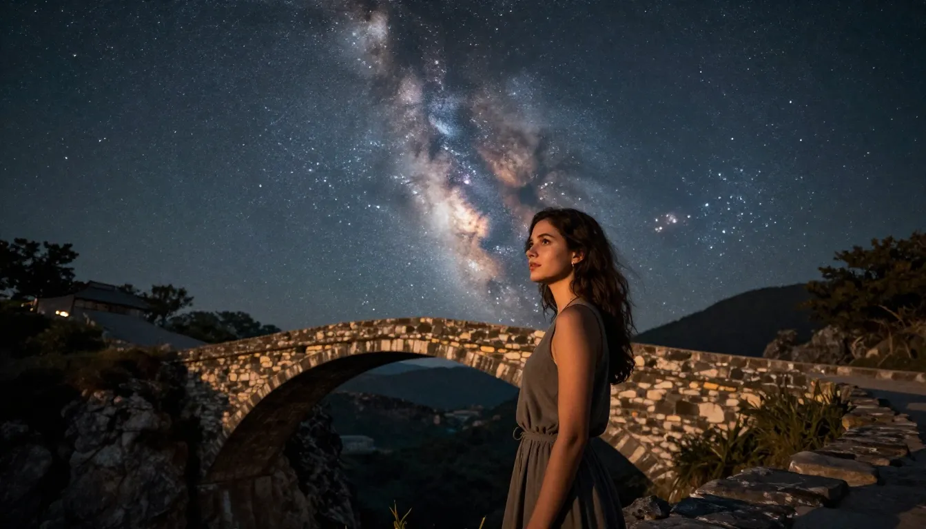 A young woman on a high cliff under a breathtaking starry sk...