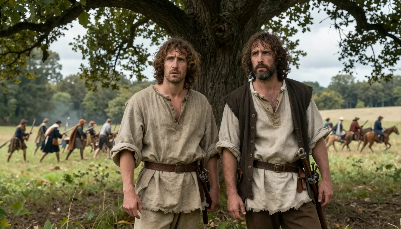 Two 16th century French peasants in simple linen clothes, st...