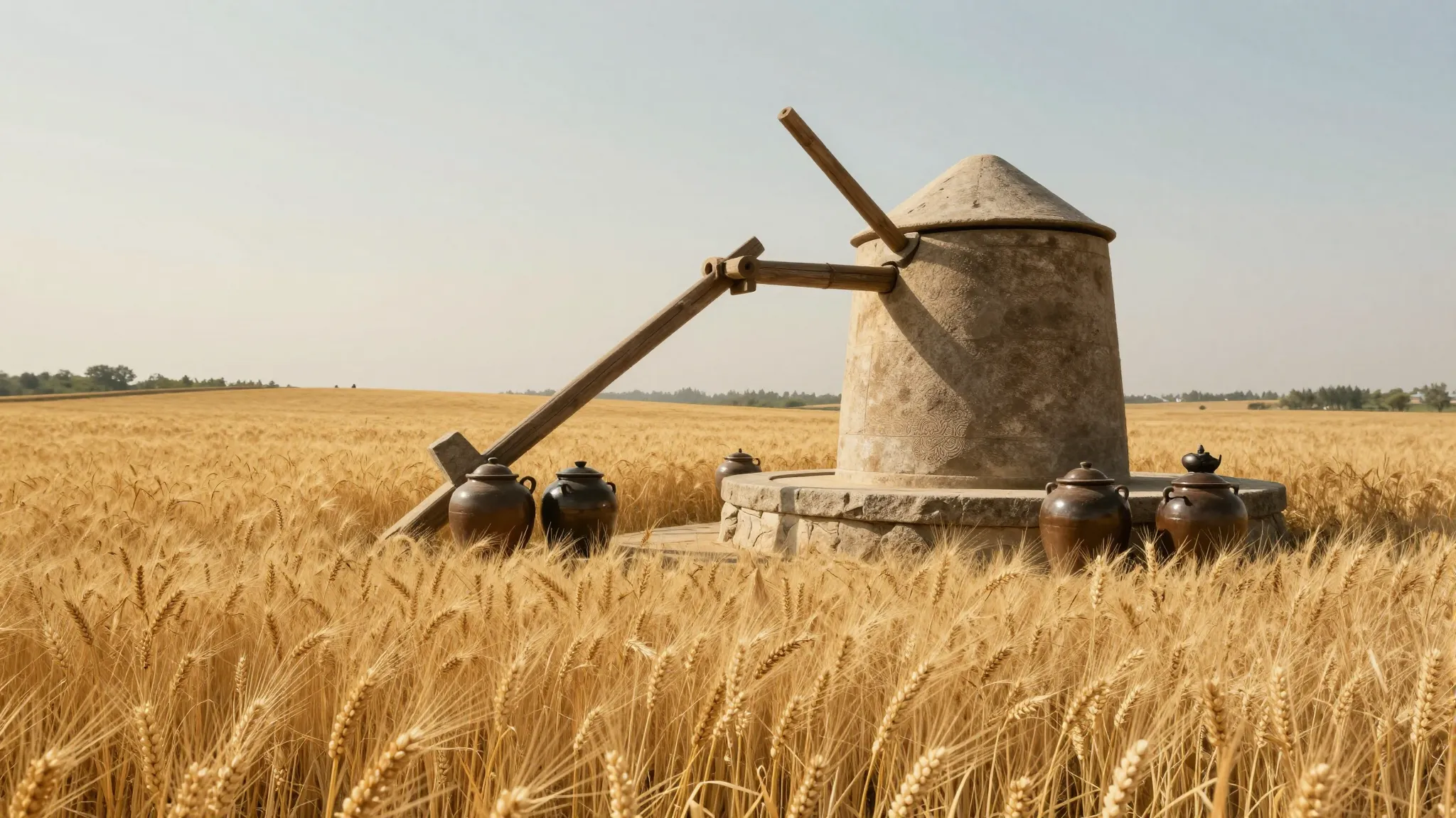 A golden wheat field in ancient times with a stone mill and ...