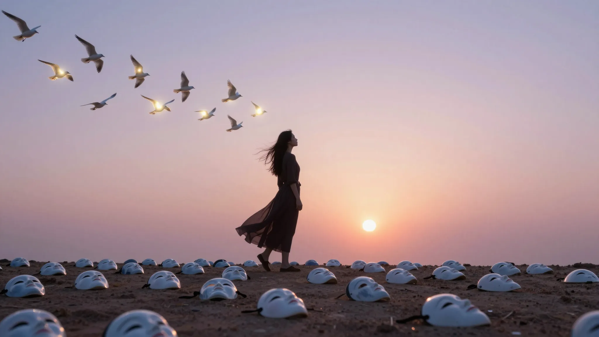 A beautiful cinematic shot of a woman's silhouette turning i...