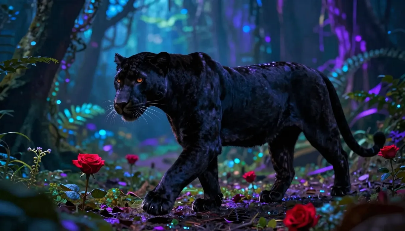 A powerful black panther walking through a mystical jungle w...