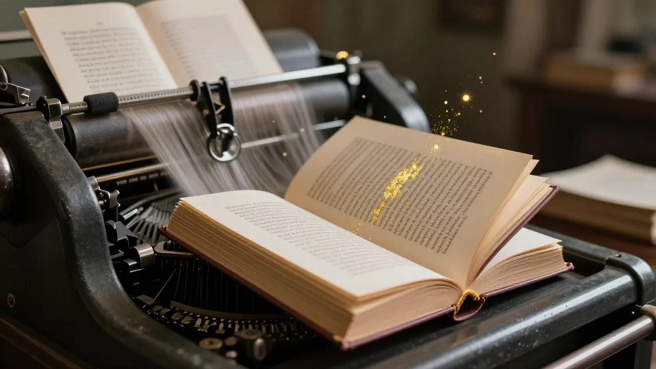 A cinematic close-up of a printing press in action, fresh bo...