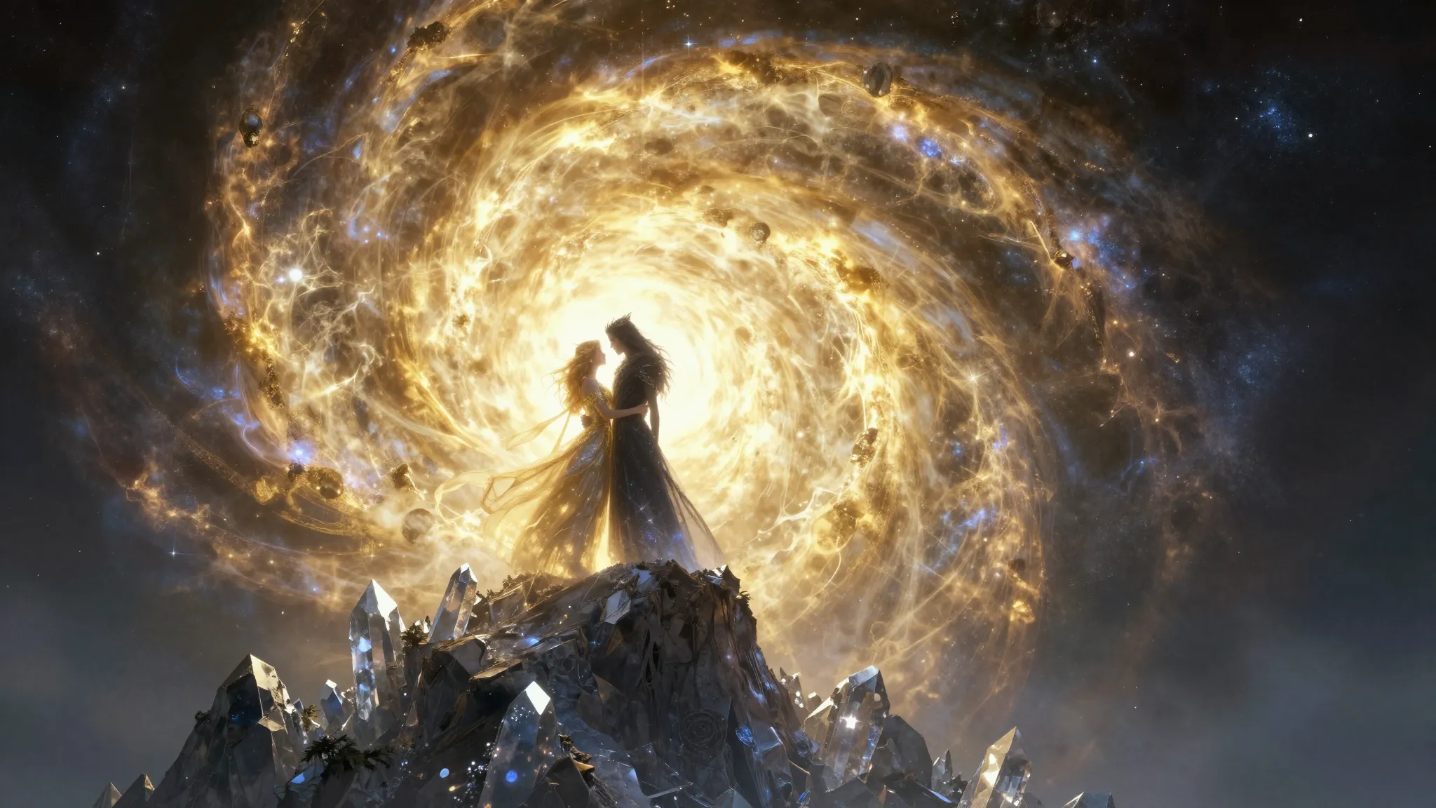 Two celestial beings, one made of pure radiant light and the...