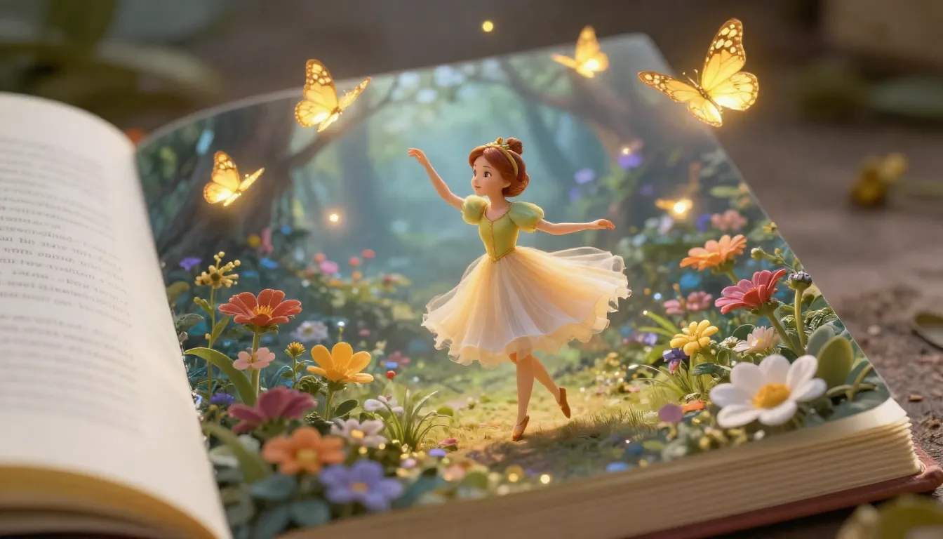 Hyper-realistic scene on a book page: Thumbelina dancing wit...