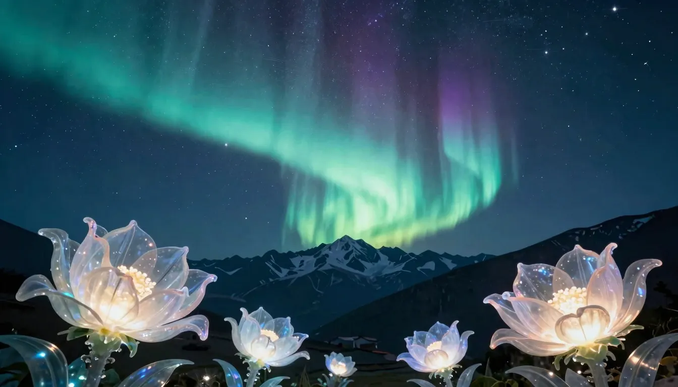 Giant translucent flowers made of aurora borealis blooming i...