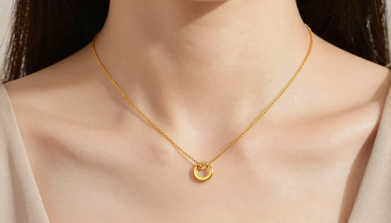 A close-up photo of a delicate gold chain on a woman's neck,...