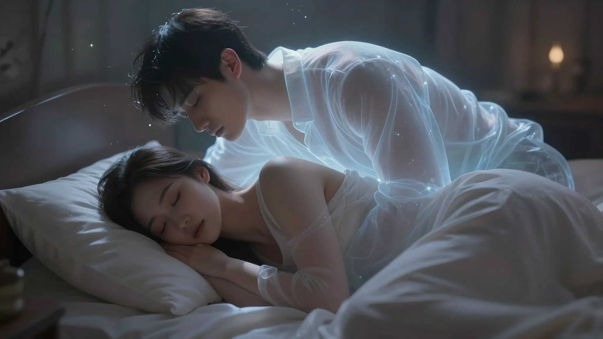 A dreamy, ethereal scene of a woman sleeping peacefully, wit...