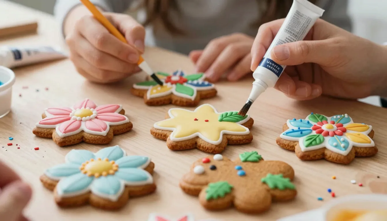 A close-up of several beautifully decorated gingerbread cook...