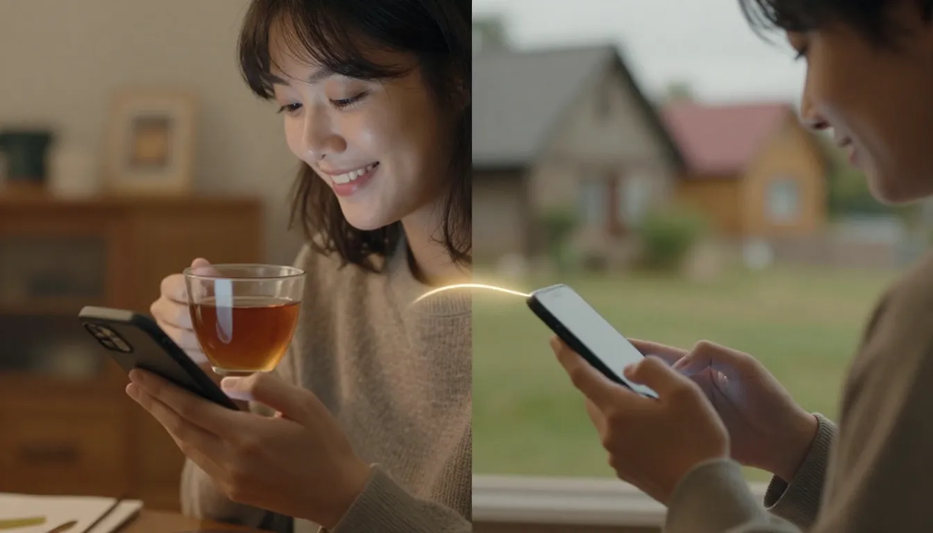 A split screen image. On one side, a person is looking at a ...