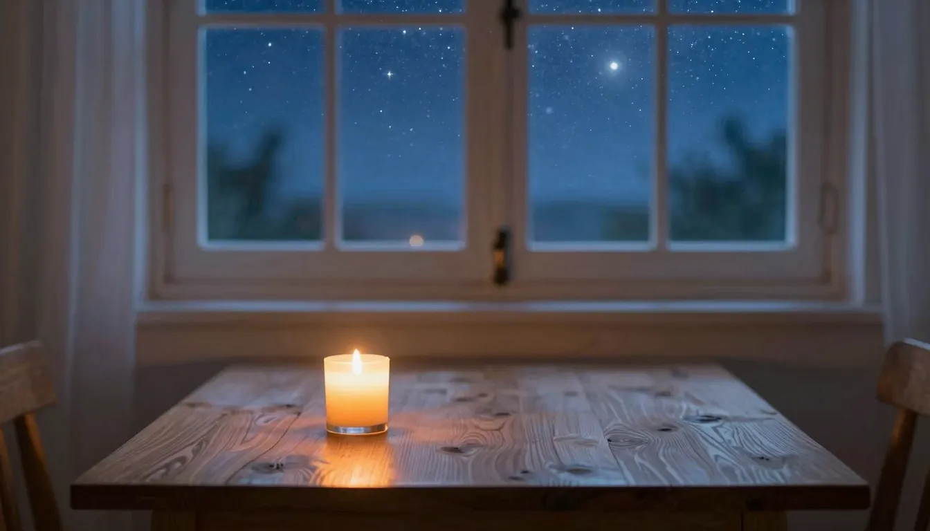 Cozy interior at dusk, a single candle burning on a wooden t...