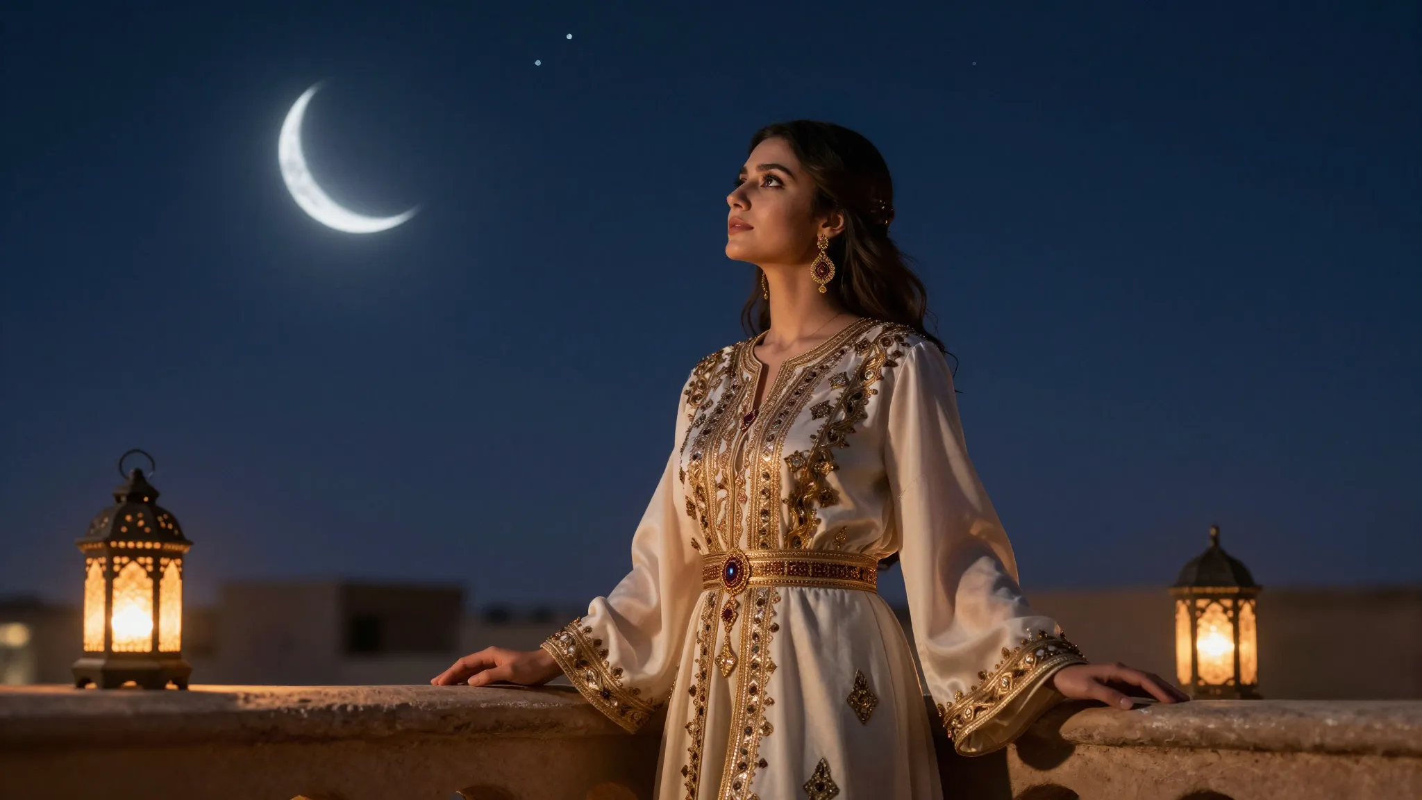 A beautiful woman in an elegant traditional Arabic dress loo...
