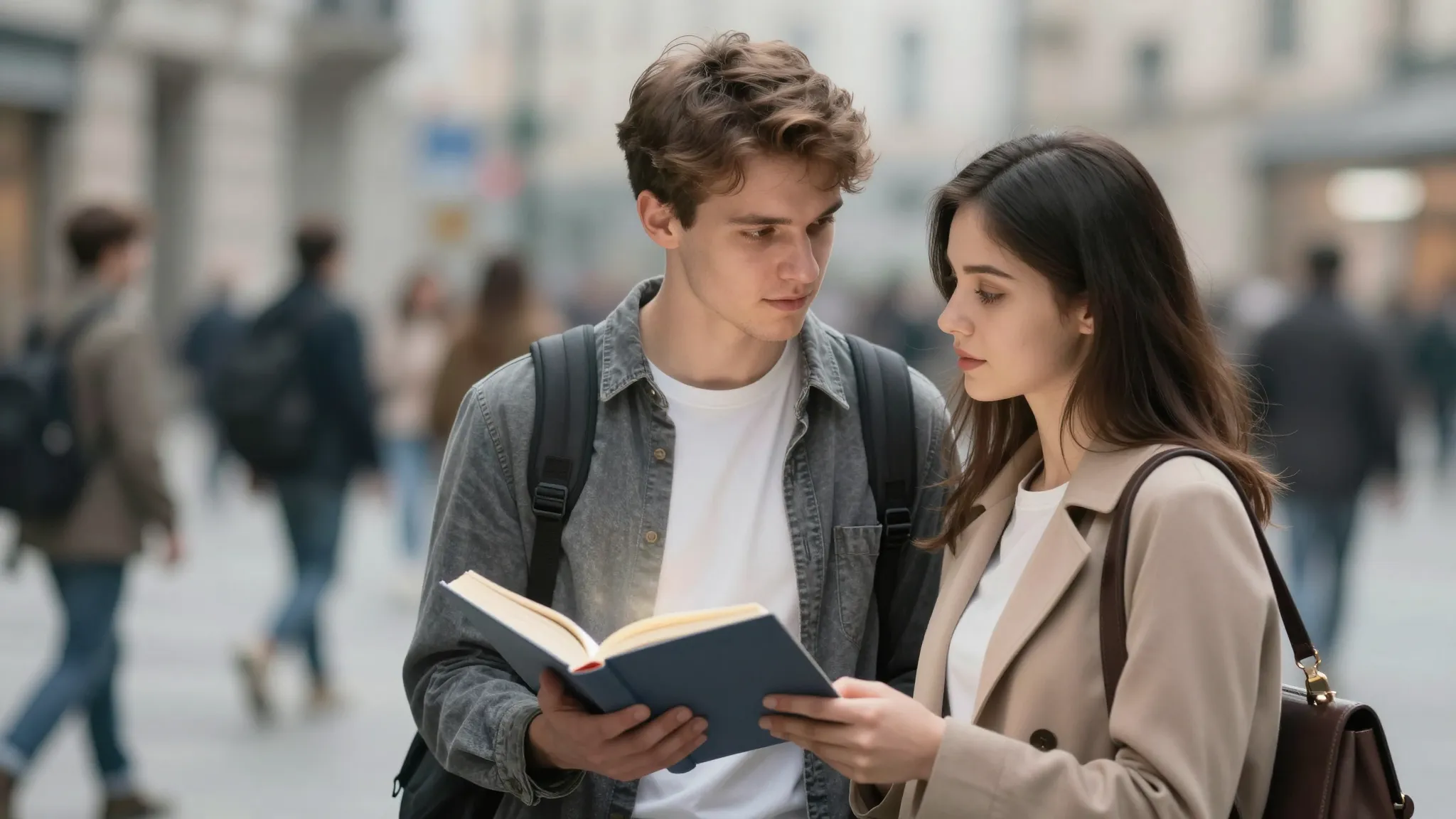 A young Slavic man and woman in modern urban outfits, lookin...