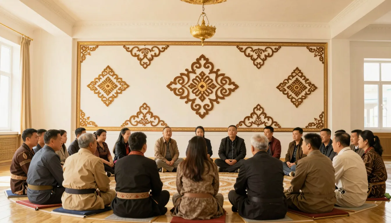 A peaceful and respectful community gathering in a bright ha...