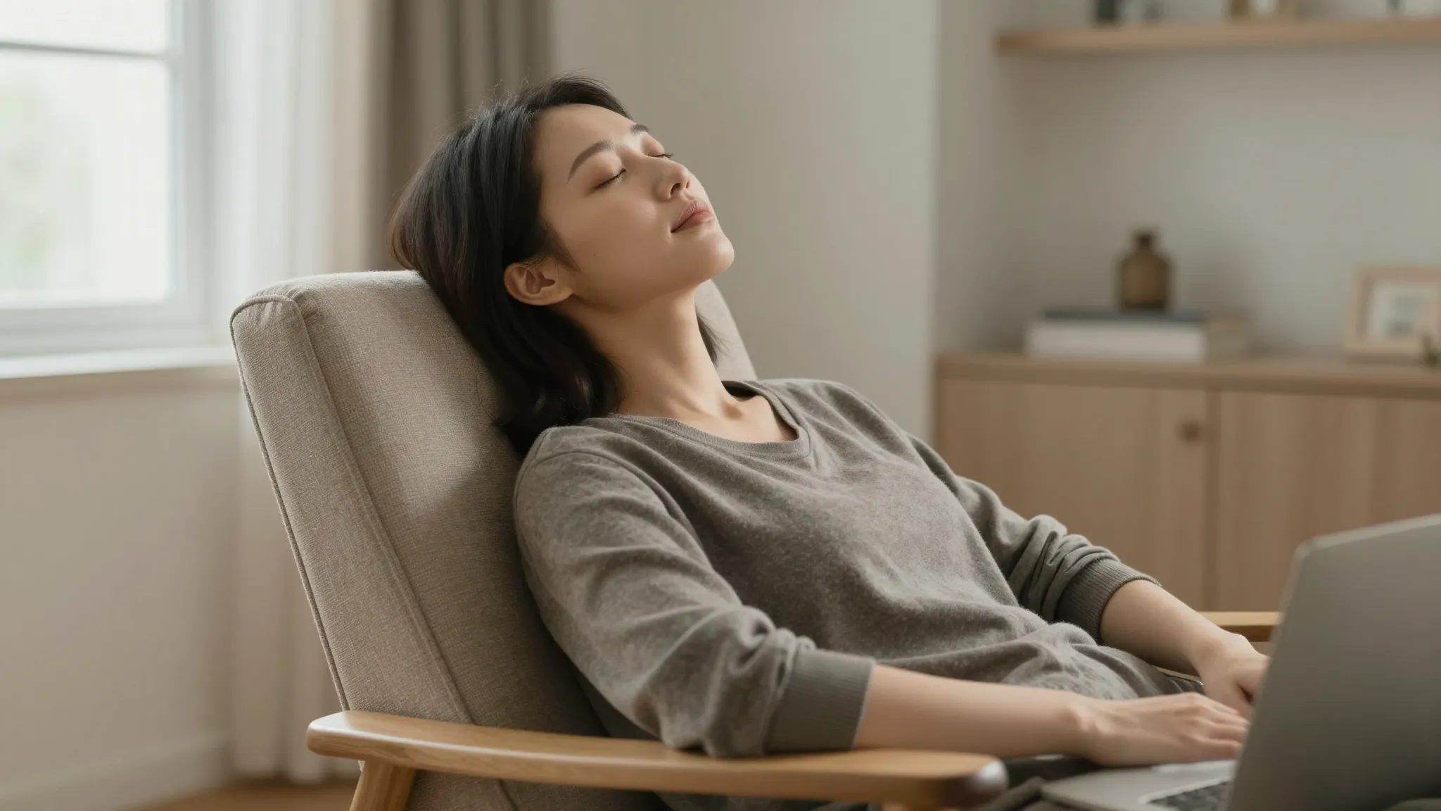 A serene person sitting in a comfortable chair, looking rela...