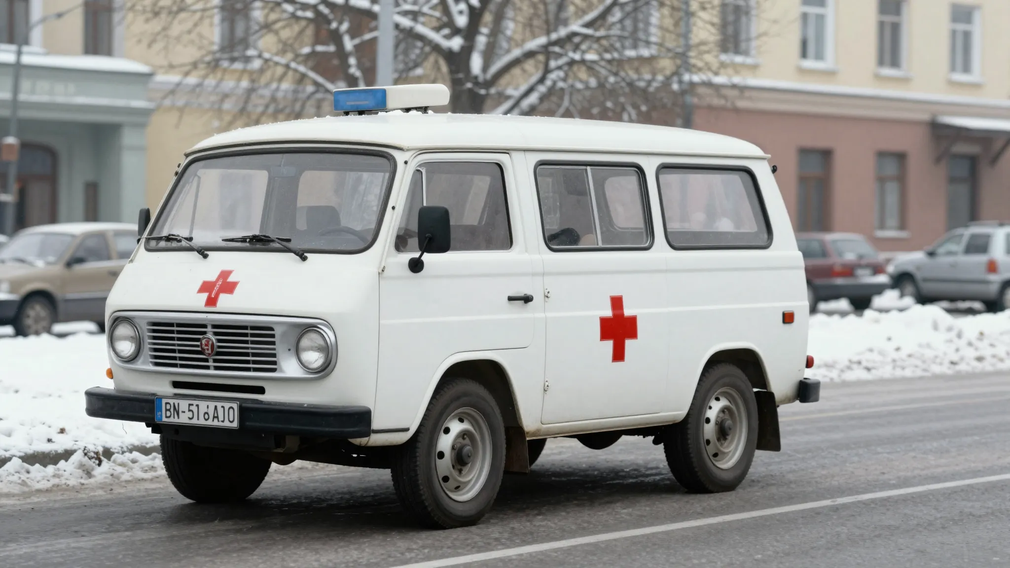 Classic Soviet UAZ-452 ambulance van, white body with red me...
