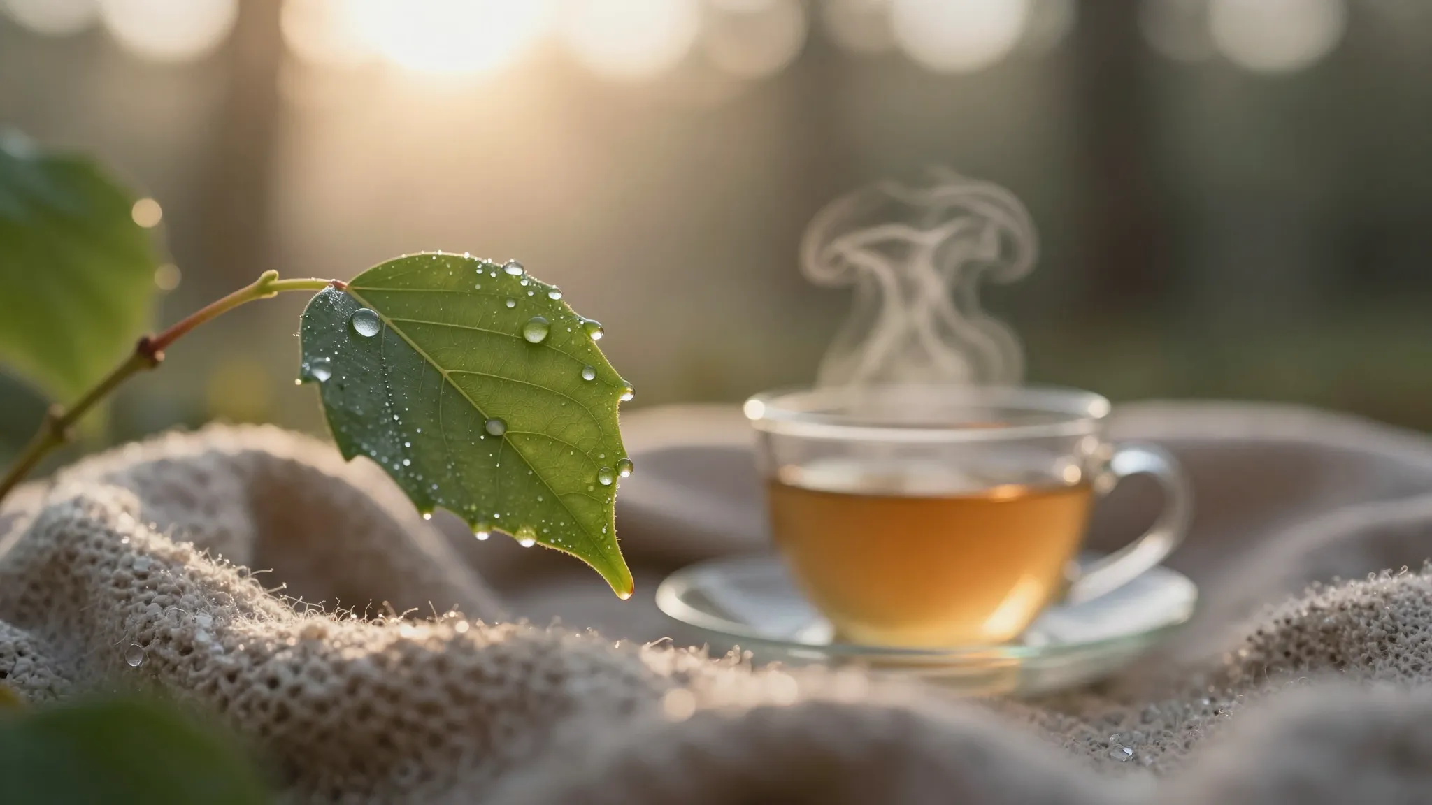 A delicate morning scene with dew drops on a green leaf, sof...