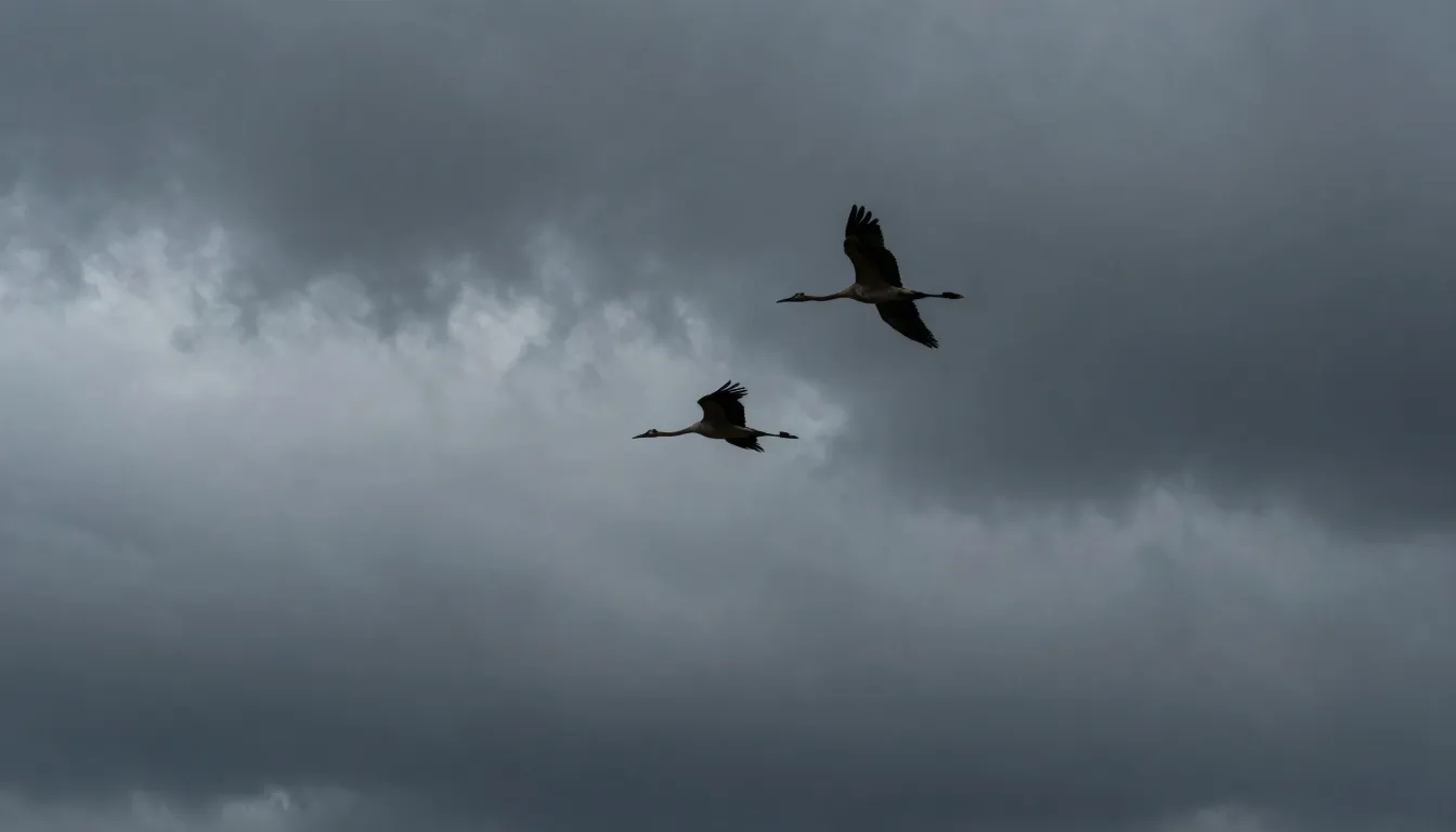 A wedge of cranes flying high in a dark, overcast autumn sky...