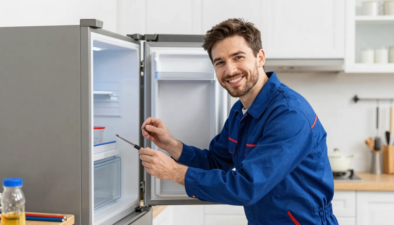A friendly technician fixing a refrigerator in a bright kitc...