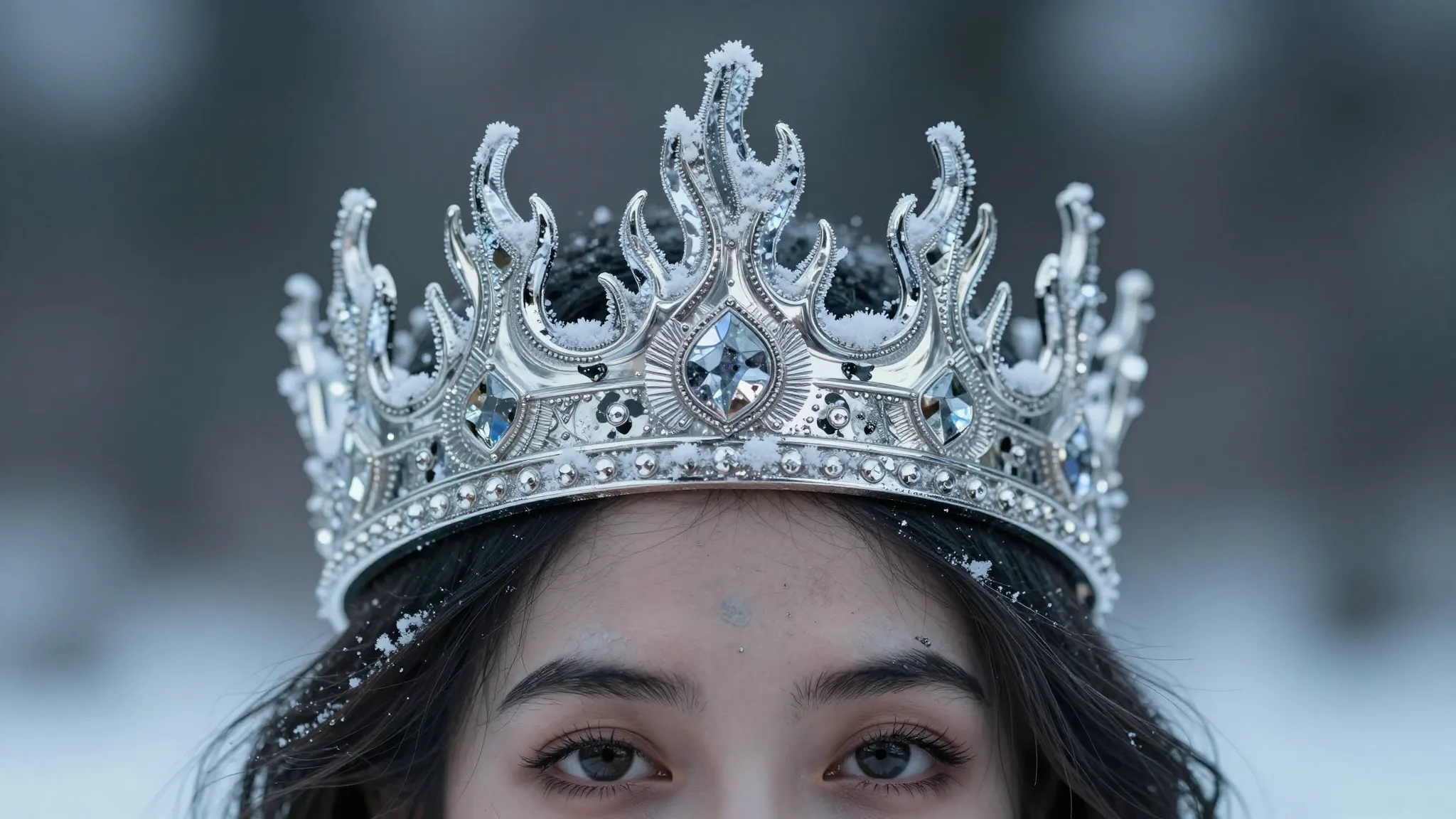 A close-up of a silver crown shaped like frozen flames on a ...