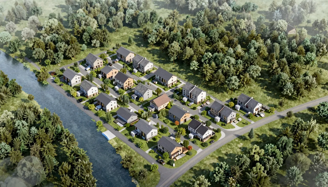 Modern cottage settlement layout near a forest and a river, ...