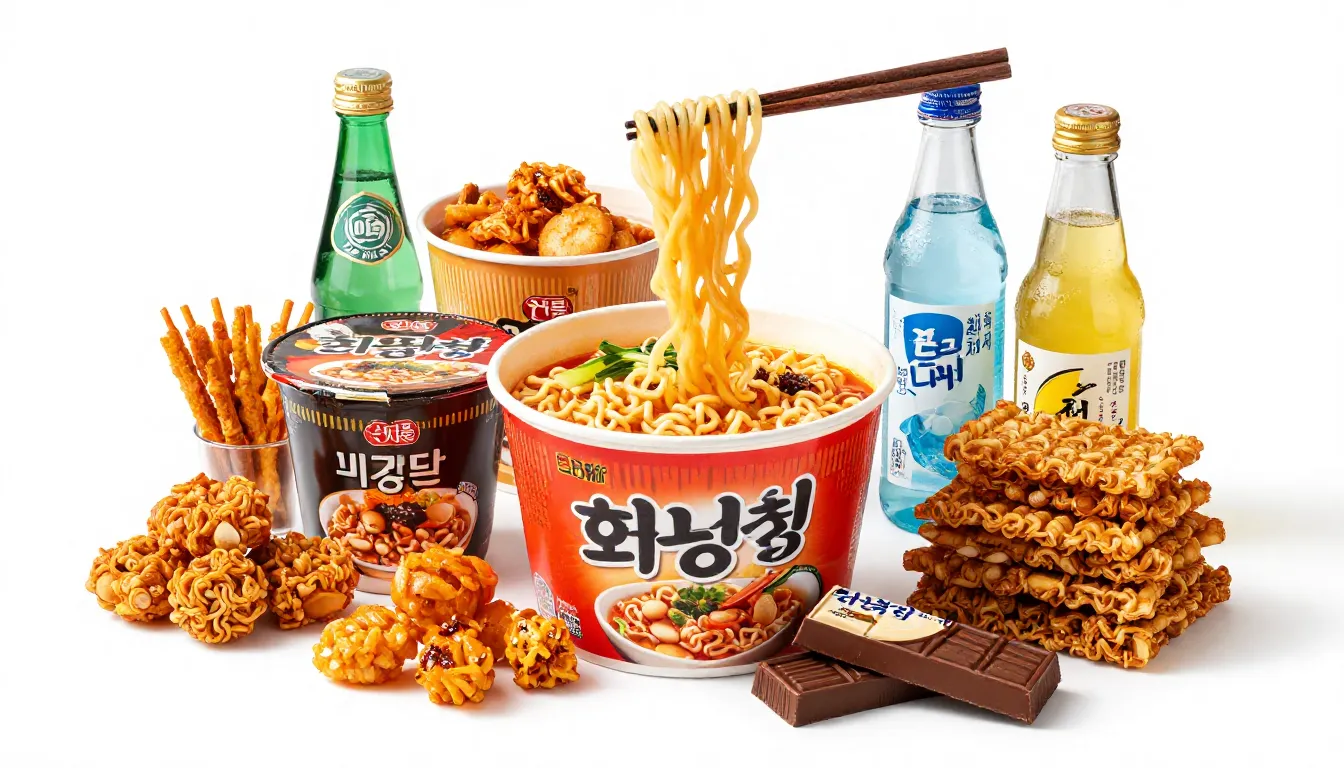 Professional studio shot of a variety of Asian snacks, Korea...