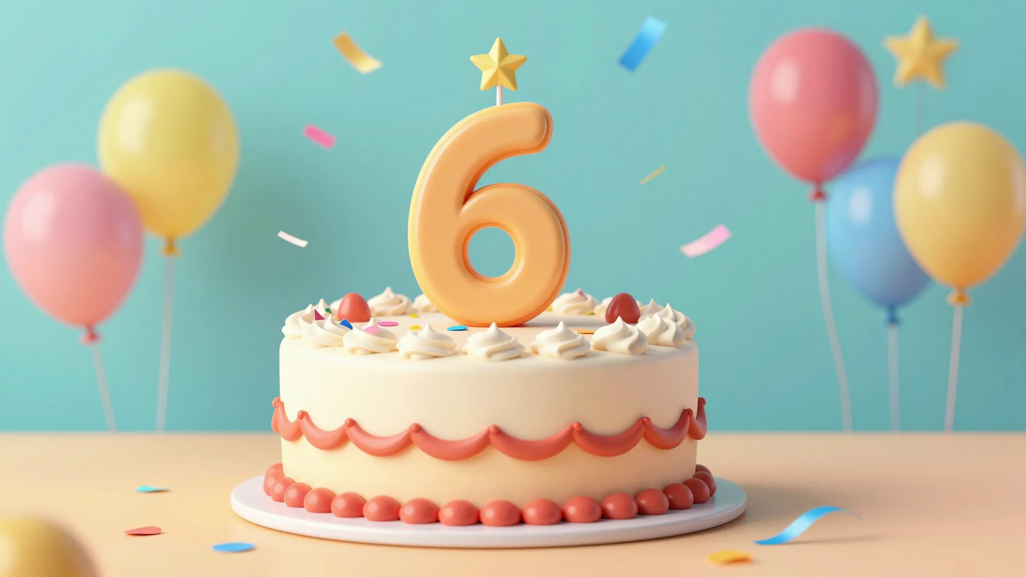 A festive birthday party scene for a 6-year-old, a large cak...