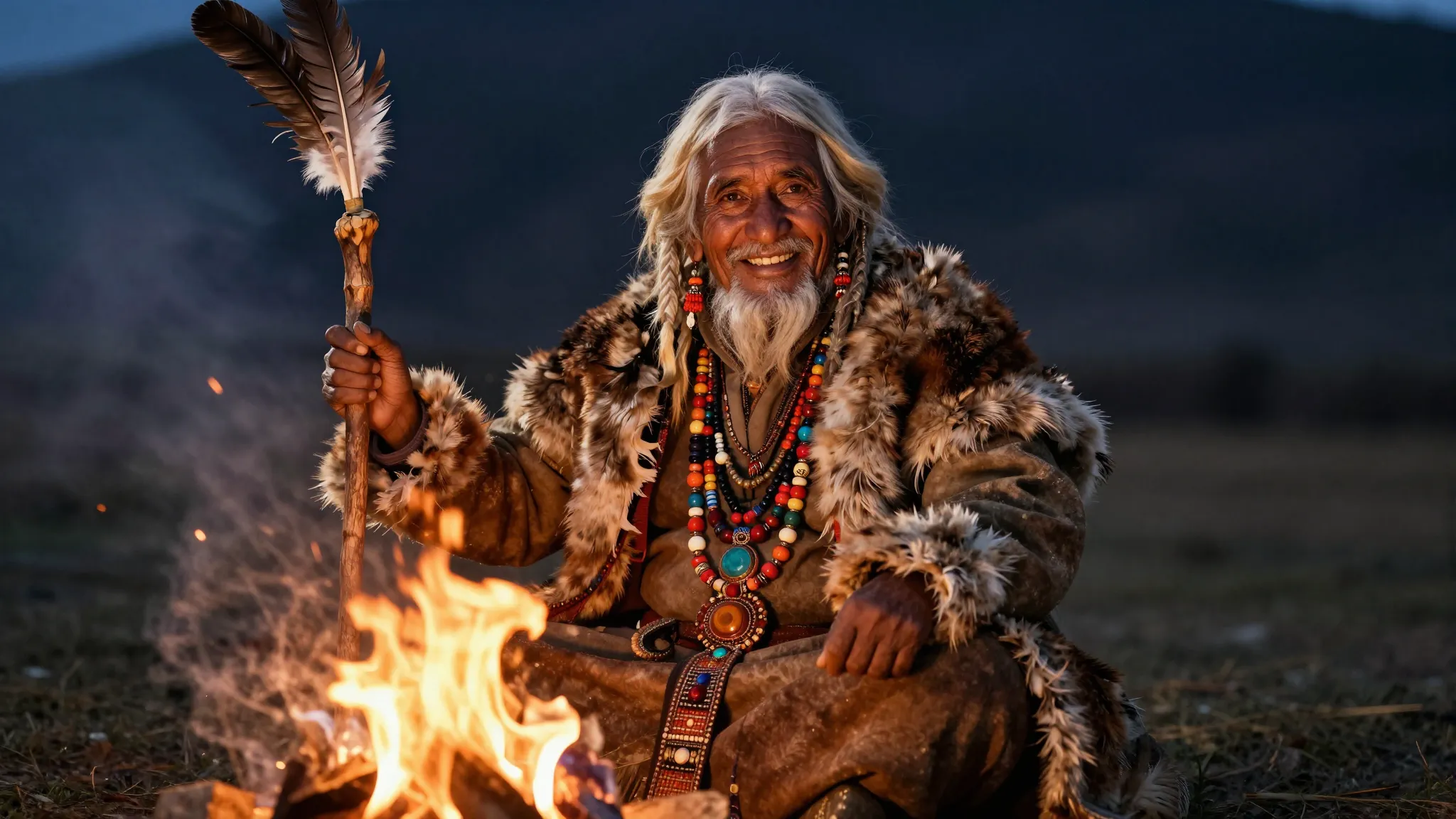 A kind elderly shaman with a warm smile, wearing a mix of tr...
